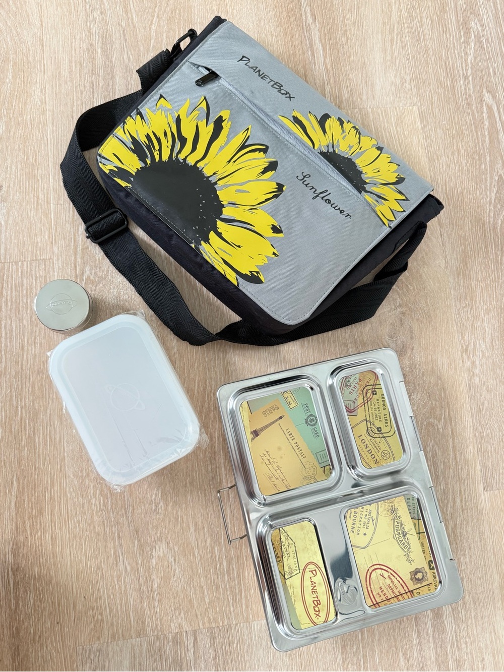 PlanetBox Launch metal lunch container with insulated lunch bag and accessories